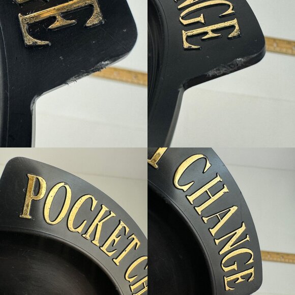 Vintage Black Plastic Round Pocket Change Collect Dish Trinket Gold Accent READ - Picture 4 of 11